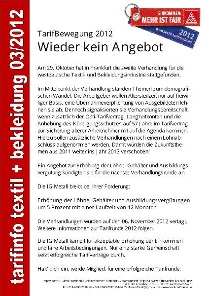 Wieder kein Angebot. TarifBewegung 2012, Tarifinfo Textil + Bekleidung 03/2012
