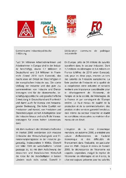 Gemeinsame industriepolitische Erklärung von IG Metall, FO, FTM-CGT und FGMM-CFDT