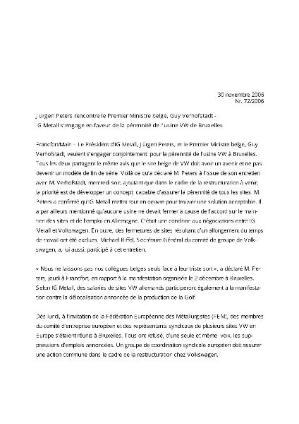communiqué de presse de VW, Pressemitteilung zu VW, französisch