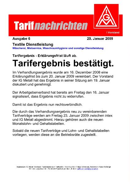 Tarifnachrichten 6/2009: Tarifergebnis bestätigt