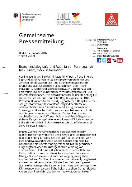 Gemeinsame PM: Branchendialog Luft- und Raumfahrt - Partnerschaft für Zukunft made in Germany